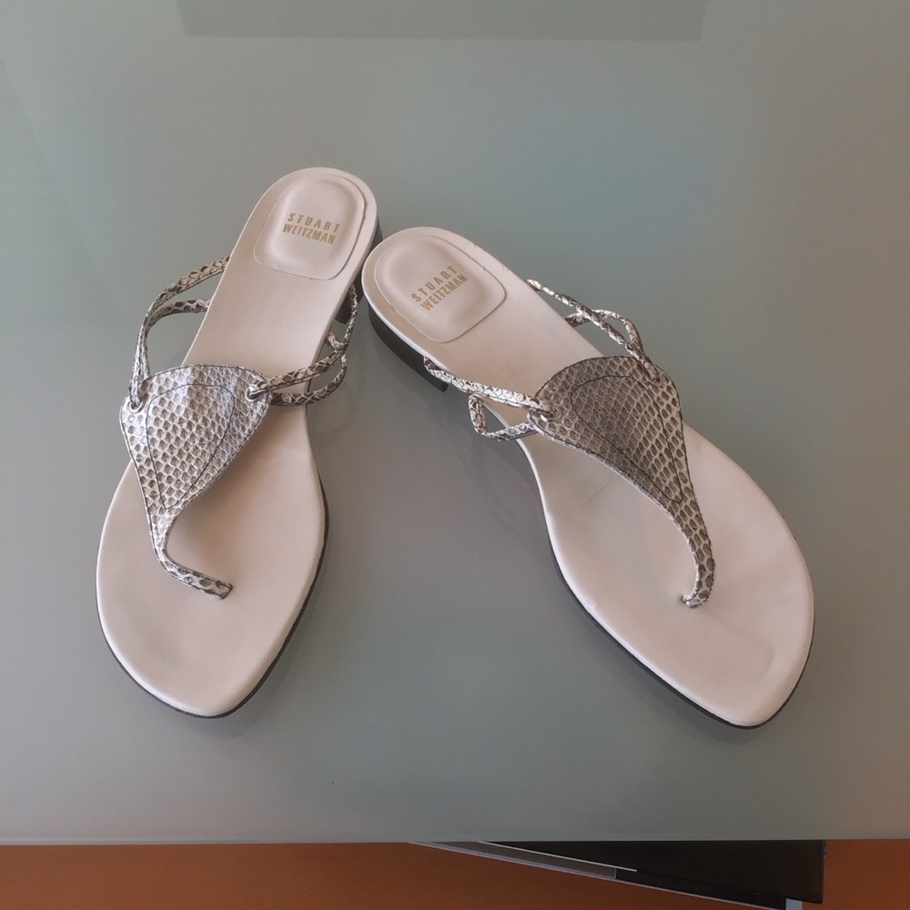 Stuart Weitzman Gray Cream Snakeskin Leather Thong Flat Sandals Shoes 10 LN